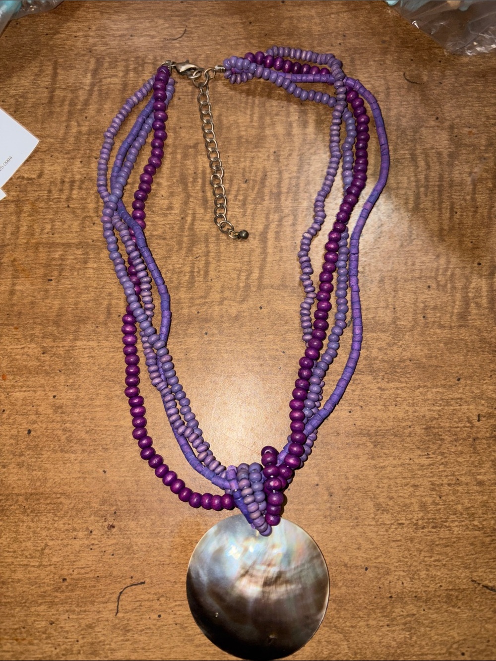 Purple Beaded Multi-Strand Necklace with Shell Pendant